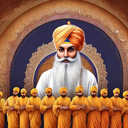 Prompt: All 10 sikh gurus lined up alongside the eternal Sikh guru Granth sahib jee, futuristic 64 k art, entire Sikh civilization, (Guru Nanak Dev Ji, Guru Angad Dev Ji, Guru Omar Das Jee, Guru Ram Das Jee, Guru Arjun Dev Ji, Guru Hargobind Sahib Jee, Guru Har Rai Sahib Jee, Guru Ram Harkrishan Sahib Jee, Guru Tegh Bahadar Jee, Guru Gobind singh Jee, Guru Granth Sahib Jee)
