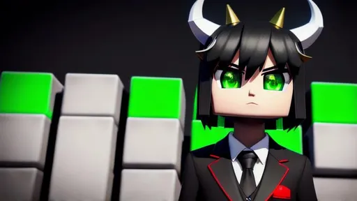 Prompt: Ranboo, Enderman, minecraft, dreamsmp, dsmp, half white, half black, green and red, green eyes, red eyes, green and red eyes, black suit, suit, black hair, yellow crown, crown, horns, black horn, white horn, black and white horns, male, guy