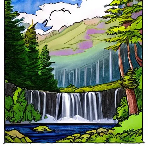 Prompt: draw the allagash river falls cartoon
