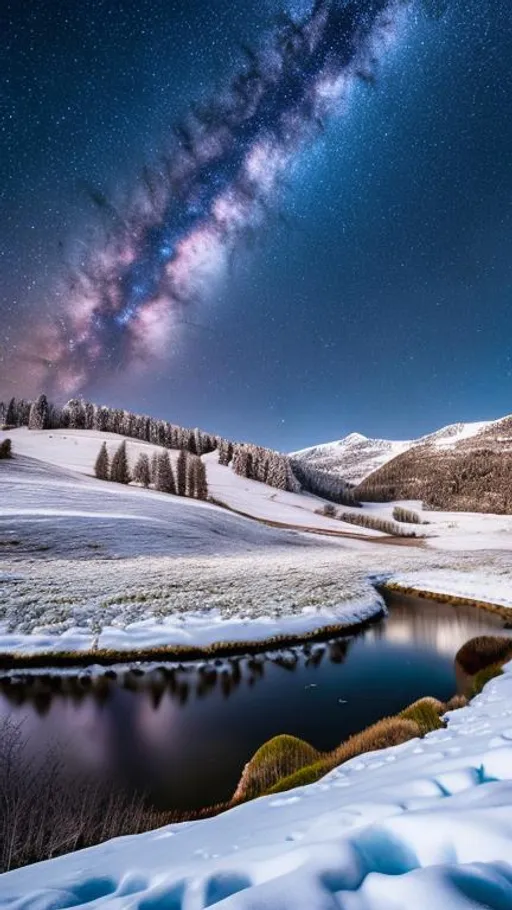 Prompt: Skies painting with stars and milkywave, ultrarealistic, masterpiece, ultra detailed, highly detailed,8k quality, a snowy valley, covered with snows, ultrarealistic, masterpiece, highly detailed, 8k quality,a huge flower meadow of white daffodils, ultrarealistic, highly detailed, masterpiece, 8k quality,gentle visible wind blowing with leafs, ultra realistic, masterpiece, 8k quality, a full moon, ultrarealistic, masterpiece, highly detailed, 8k quality, 