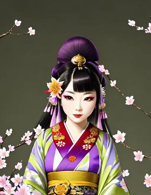 Prompt: High quality portrait of a Japanese Oiran. she is walking in a cherry blossom garden, She has lightly colored pale skin and is very beautiful. Her hair is black and is decorated with purple, silver, and gold hairpins. Her elaborate kimonos are white and purple with checkered patterns. She wears a blue spider lily on her left ear and wears a beautiful purple obi patterned with traditional Japanese mist colored white.