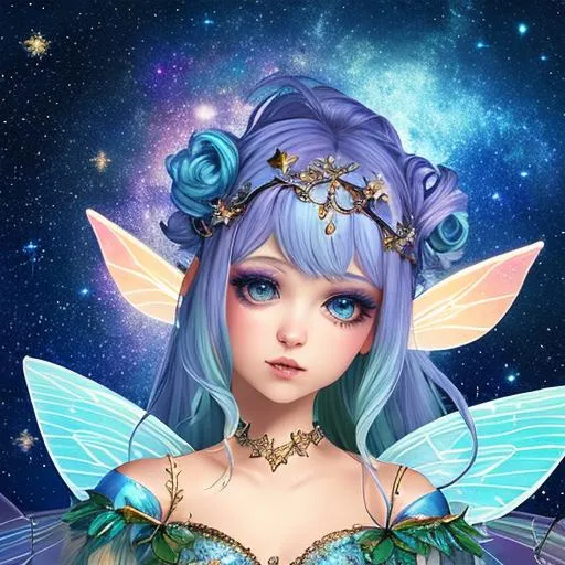 Prompt:  fairy goddess , facial closeup, starry sky background
