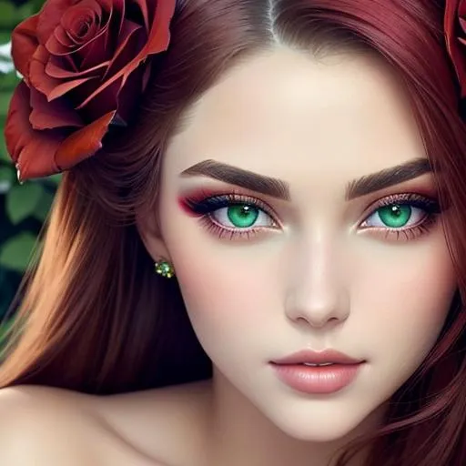 Prompt: Beauty, Beautiful and Gorgeous red roses in hair, green eyes,pretty makeup, facial closeup