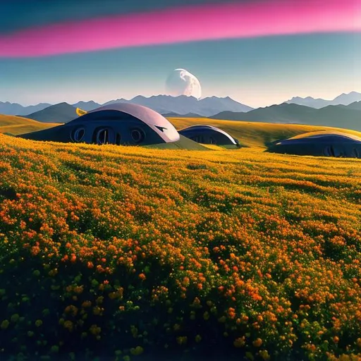 Prompt: a beautiful vista of rolling hills and alien flowers, with one prefabricated building, in the style of Star Trek. {Star Trek: The Next Generation}