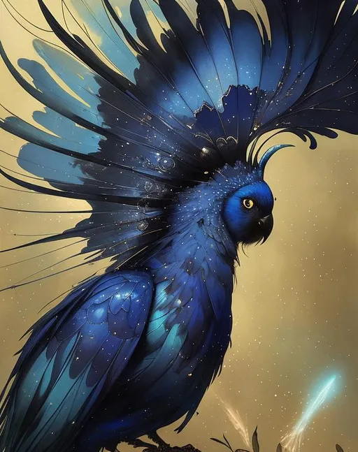 Prompt: Glossy, sparkling portrait of a blue cockatoo. Art by  jean Baptiste monge, ismail inceoglu, Victo Ngai, Sherry Akrami, Anna Dittman, Lucie Bilodeau, Laura Diehl, catrin welz-stein, Paul Delaroche, highly detailed, sharp focus, fantastic view, dreamy, Epic, celestial, sparkling, glossy, light emitting,  inner light.