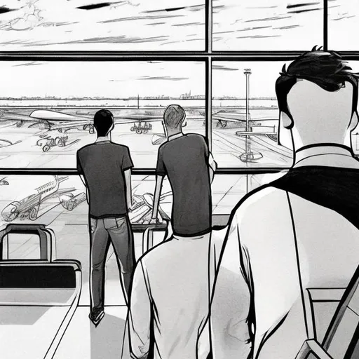 Prompt: in a comic book style, draw two men from behind standing, wearing casual clothes and looking out of an airport window at planes on the runway outside
