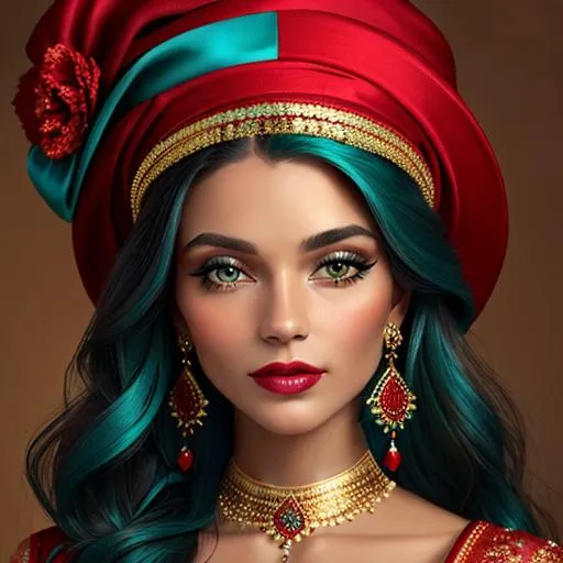 Prompt: Beautiful ethereal woman. color scheme of tuquoise and red., wearing turquoise and gold jewlry, wearing a red hat, facial closeup