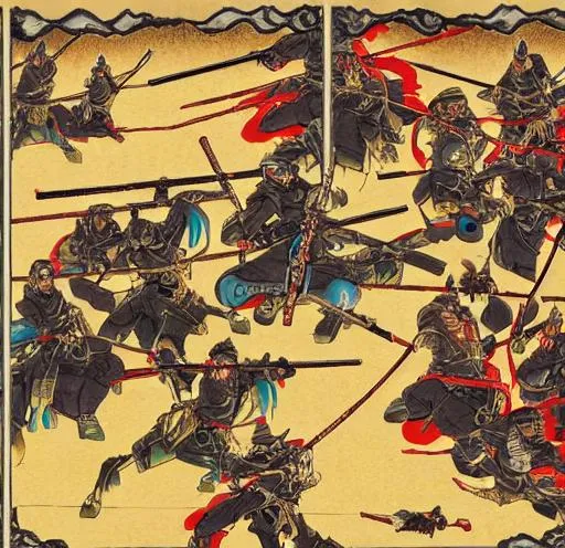 Prompt: Anime war scene graphic High detail Samurai warrior crusaders with Jesus Christ as depicted in the book of  revaltion coming out of heaven one side is the gathering of The chosen to ride victory against the enemy Satan and his fallen cyberpunk ninjas on the opposite side 