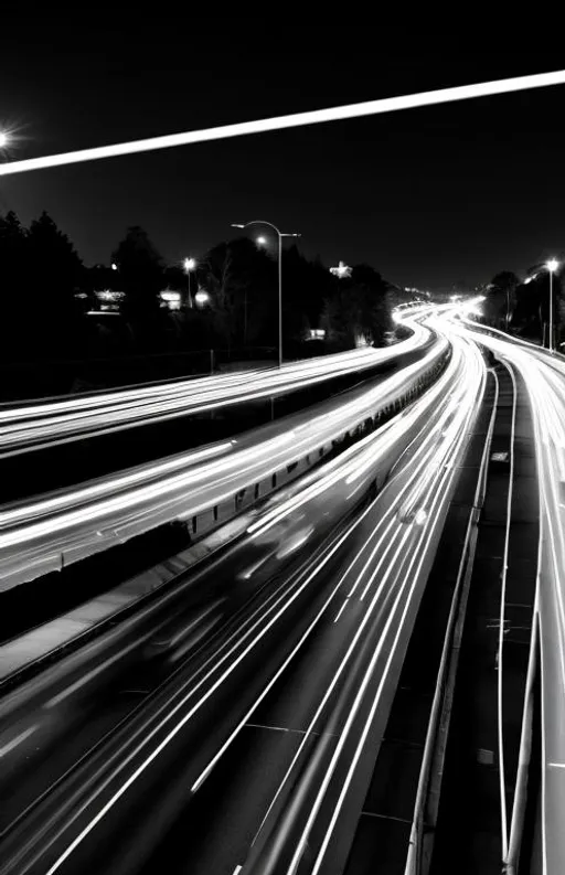 Prompt: black and white 
Long-exposure night photography of traffic, with light trails
