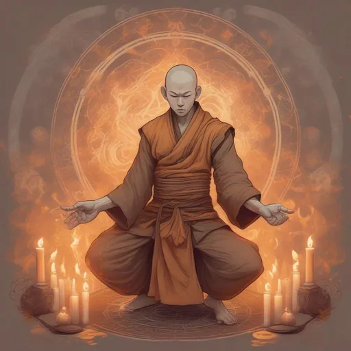 Prompt: A poised monk in mid-combat stance with a backdrop of burning candles and mystical symbols. Soft colors and intricate details.