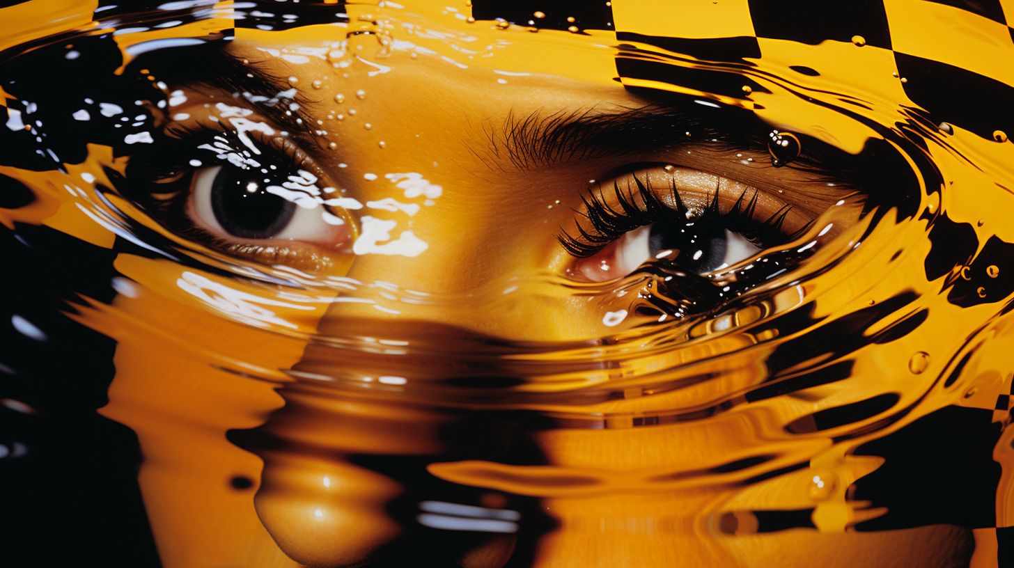 Prompt: The image showcases a surrealistic depiction of a human face, partially submerged and seemingly melded into a checkerboard background. Liquid amber, resembling molten gold or honey, pours onto the face, distorting its features further. The play of light accentuates the fluidity and reflective qualities of both the face and the liquid.