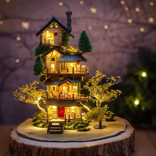 Prompt: tiny tree house with yellow cherry blossom bonsai and garden at night christmas lights
