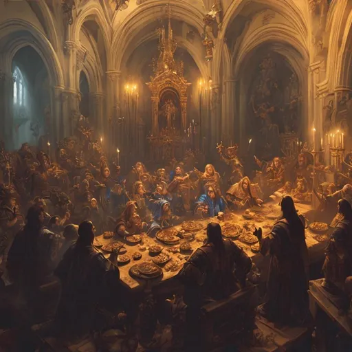 Prompt: Big party with happy people eating  around a table in a church. In the center the king is proud on his throne. ominous, trending on artstation, brush painting,Ultra detailed, elegant picture, high contrast, top shot, hyper realistic 4k,