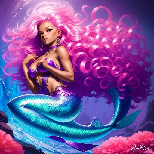 Prompt: splash art of a cute halfling female mermaid with very dark skin and pink hair, curly long hair, silver hair, silver eyes, in the style of an oil painting, bright  colors, dreamy, purple gown, outfit, lace jewelry on neck, fancy outfit,  by Ilya Kuvshinov and vofan, vofan art, pink musk flowers, Dahlia pinnata flower, pastel colors, dreamy, in a dynamic pose, soft light, in watercolor style,mermaid tail