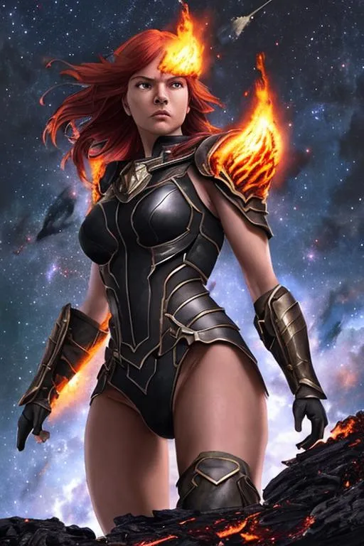 Prompt: Strong woman,staring,fighting against gladiator,into space,dark flames,space shield,