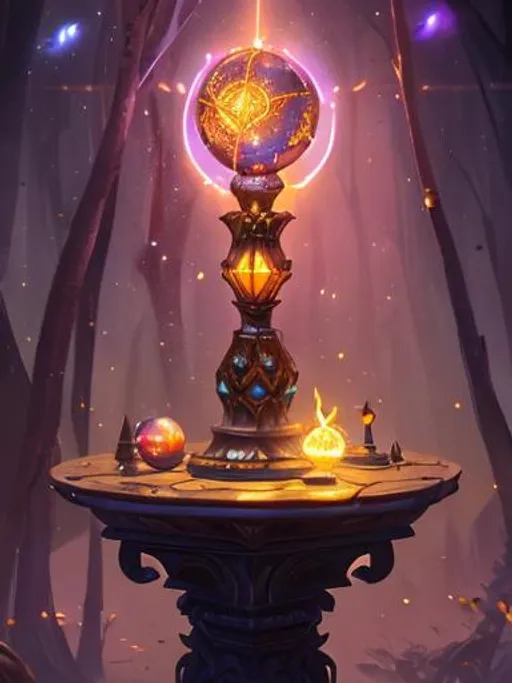 Magical fantasy item, orb, sword, table, particles,... | OpenArt