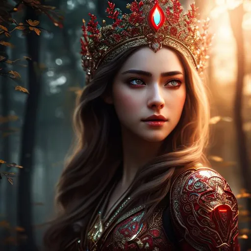 Prompt: fictional female with red eyes, crown in head and red glowing eyes , extremely detailed environment, detailed background, intricate, detailed skin, natural colors , professionally color graded, photorealism, 8k, moody lighting