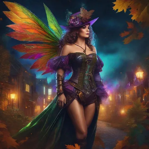 Prompt: Cinematic. Dynamic. Shes a beautiful, ((colorful)), Steam Punk, cannabis, witch. (spectacular), Winged fairy, with a skimpy, ((colorful)), sheer, flowing outfit, on a Halloween night. ((Wide angle)). Detailed Illustration. 8k.4k. Full body in shot. Hyper realistic painting. Hyper realistic photo. A ((beautiful)), shapely, woman with, {{{{anatomically real hands}}}}, and ((vivid)) colorful, ((bright)) eyes. Sony a7 IV. ((Enscape Render)). Concept art