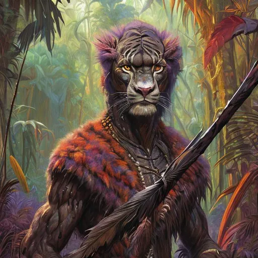 Prompt: Portrait painting, tall panther-like humanoid warrior with spear and fur armor, colorful feather cape, in the jungle, dull colors, danger, fantasy art, by Hiro Isono, by Luigi Spano, by John Stephens