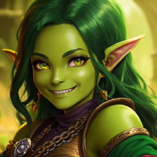 Prompt: oil painting, D&D fantasy, green-skinned-goblin girl, green-skinned-female, small, beautiful, short dark red hair, wavy hair, smiling, pointed ears, fangs, looking at the viewer, cleric wearing intricate adventurer outfit, #3238, UHD, hd , 8k eyes, detailed face, big anime dreamy eyes, 8k eyes, intricate details, insanely detailed, masterpiece, cinematic lighting, 8k, complementary colors, golden ratio, octane render, volumetric lighting, unreal 5, artwork, concept art, cover, top model, light on hair colorful glamourous hyperdetailed medieval city background, intricate hyperdetailed breathtaking colorful glamorous scenic view landscape, ultra-fine details, hyper-focused, deep colors, dramatic lighting, ambient lighting god rays, flowers, garden | by sakimi chan, artgerm, wlop, pixiv, tumblr, instagram, deviantart