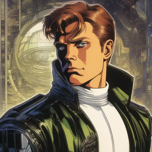 Prompt: A masculine scifi Mark Hamill. very short bright brown slicked back pompadour undercut hair with shaved sides and light chestnut highlights, round face, broad cheeks, glowing eyes, wearing a black retro futuristic leather jacket with droid armour underneath, Ghost in the shell art. Masamune Shirow art. anime art. Leiji Matsumoto art. Akira art. Otomo art. 2d. 2d art.