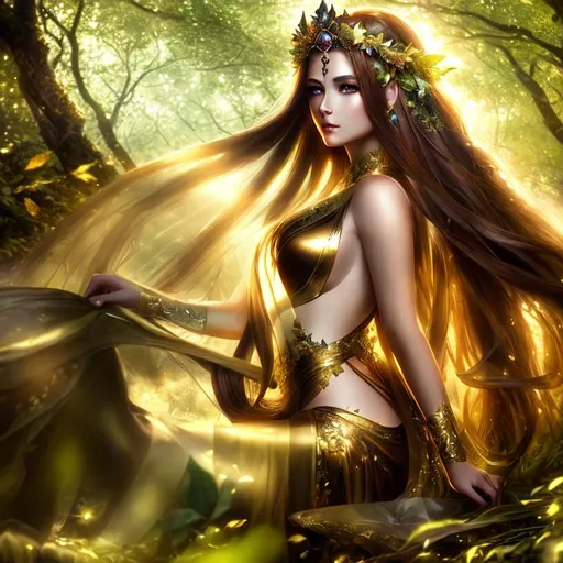 Prompt: Cinematic, Dark, Glamor, Shimmer, 3D HD Heroic Faded-Leaves and silk (Beautiful detailed face{Goddess}female with brown hair dressed as Princess), Morning, hyper realistic, 8K expansive Magical forest background --s99500