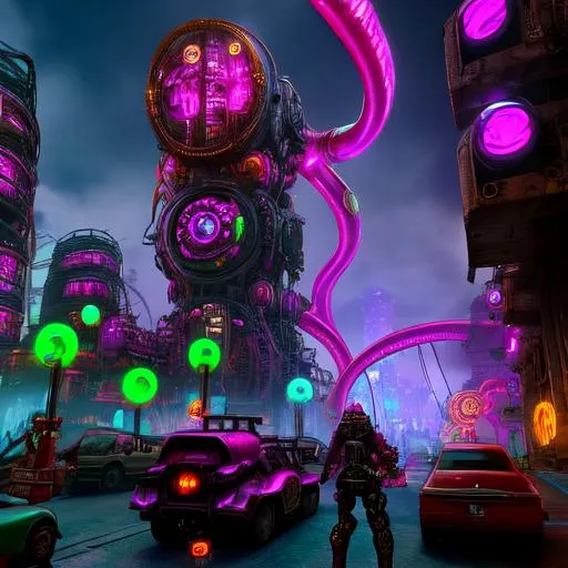 Prompt: 

neon colored war torn city being invaded by steam punk tentacle creatures. set in a cyber punk future. 
