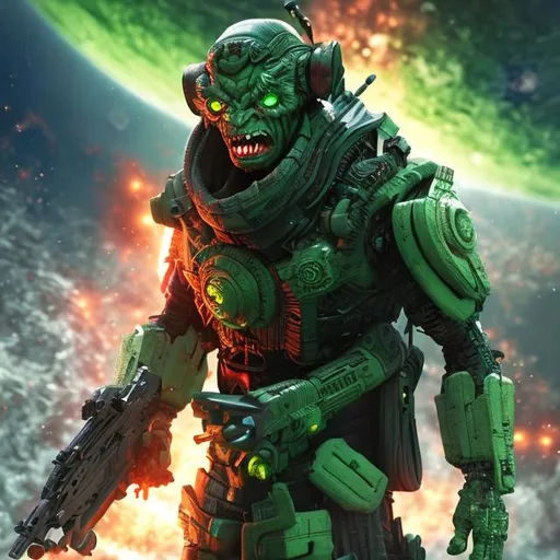 Prompt: middle-aged man in gunfight in space, sci-fi combat space suit, face visible, light stuble, angry green eyes, anime, 4k render, outer space, futuristic, sci-fi half-demon
