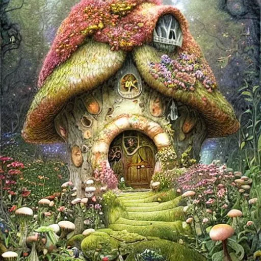 Prompt: highly detailed fairytale mushroom house, daniel merriam art, hyper realistic tall mushroom house in a magical forest with floral bouquets, sparkles, roses, peonies, cinematic, stunning, art by jessica rossier and and brian froud, (1950s fairy tale cottage tree house castle., muted colors.) by Jean-Baptiste Monge!(((((a multistory ramshackle fairytale house))))) by Jean-Baptiste Monge!!!!!!!!!!!!!!!!!!!!!!!!!!!