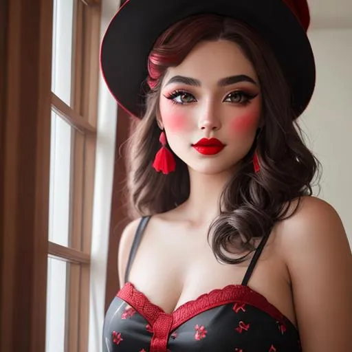 Prompt: a pretty girl wearing a red hat, wearing beautiful makeup, smokey eyeshadow, rosy cheeks and red lipstick