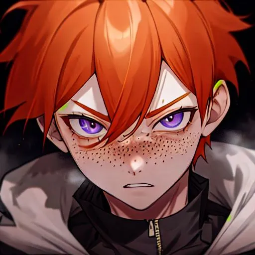 Prompt: Erikku male adult (short ginger hair, freckles, right eye blue left eye purple) UHD, 8K, Highly detailed, insane detail, best quality, high quality,