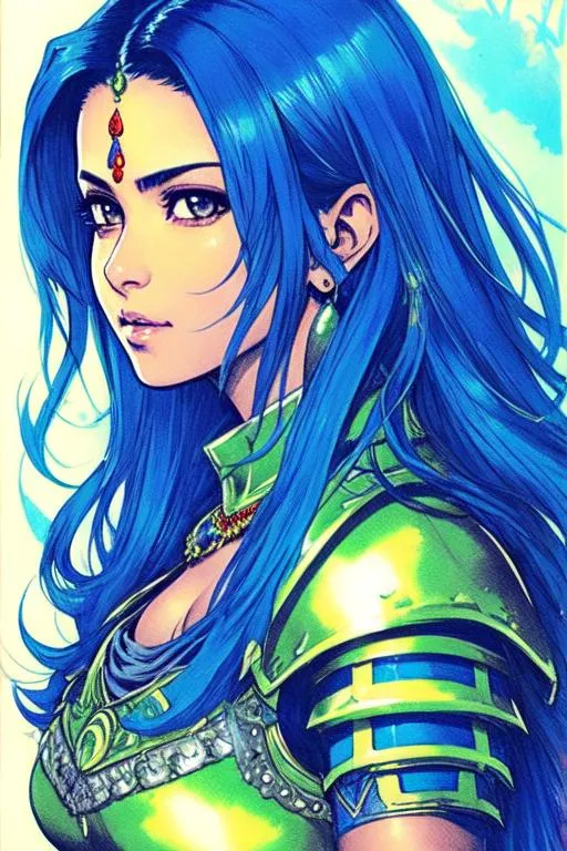 Prompt: Dragon Quest 3 Concept art (((Yoji Shinkawa))), sticker of ultra detailed portrait of Sadaf Mohammed Sayed  (Indian actress who mainly appears in Telugu, Tamil, and Kannada films)in blue holy armor,  high quality cell shaded illustration in post apocalyptic style by Yoji Shinkawa, ((full body portrait)), dynamic pose, perfect anatomy, centered, freedom, soul, blue long hair, approach to perfection, cell shading, 4k , cinematic dramatic atmosphere, watercolor painting, global illumination, detailed and intricate environment, artstation, concept art, fluid and sharp focus, volumetric lighting, cinematic lighting, Art by Yoji Shinkawa,