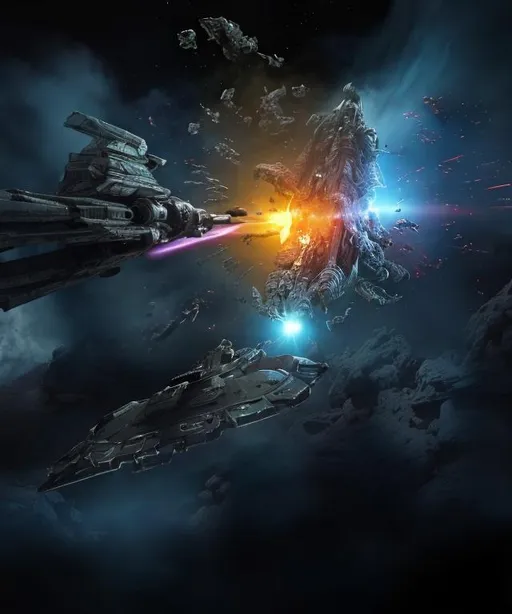 Prompt: spacemen vs aliens  explosions  action wreck spaceship ancient dead