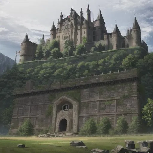 Prompt: An ancient castle with its black banners dancing in the wand its dark mossy stone walls high and strong with the surrounding forest old and thick with trees and bushes the old fort is standing strong despite its state of ruin
