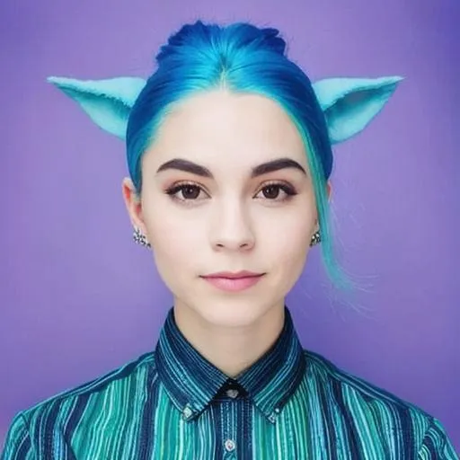 Prompt: Full body portrait of realistic beautiful woman ,face has a very strong jawline not exactly pointy but  not round or oval either; blue, green and purple hair long and float realistic;  the ears are not forward they’re not back but in the middle; two hands have one thumb and two index fingers; feet are small petite feet legs and whole body looks skinny