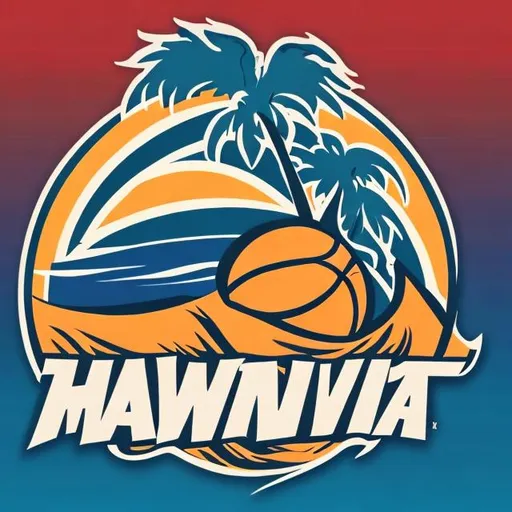 Prompt: make a basketball team Logo Hawaiian and a
 small Tsunami
