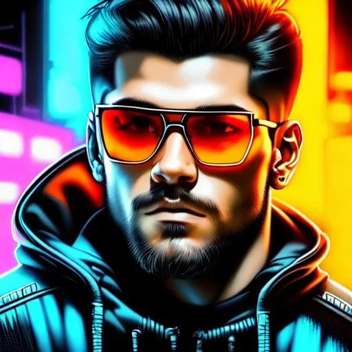 Prompt: man looking at viewer with shades on, colored, retrowave, neo tokyo, cyberpunk city, synthwave, high detail, hd