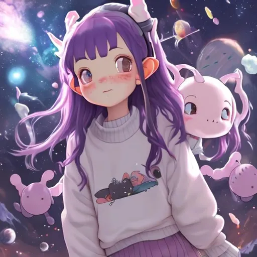 Prompt: A girl with dark purple hair in space buns long with axolotl features and a light pink sweater and light pink eyes anime with a dark headset and elf ears