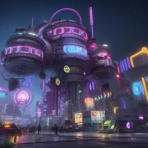 neon colored war torn city being invaded by steam pu... OpenArt