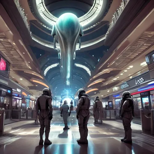 Prompt: Mammoth security guards in a busy alien mall, widescreen, infinity vanishing point, galaxy background, surprise easter egg