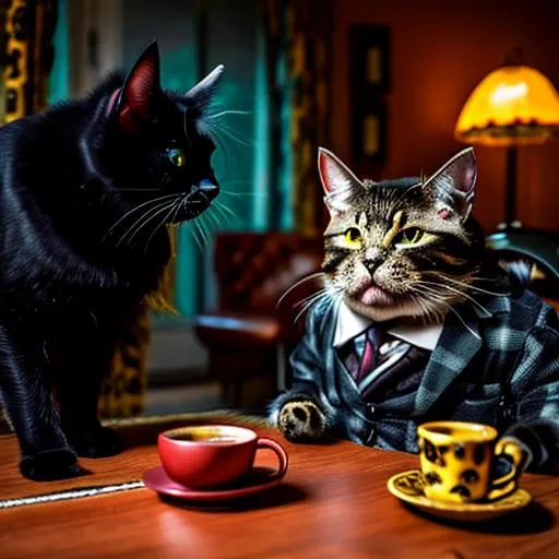 Prompt: A demonic cat and a actor acting as a funny man. The demonic black cat wearing a checkered vest is drinking coffee at table. the funny man dressed ridiculously is taking with the black cat. ultra wide