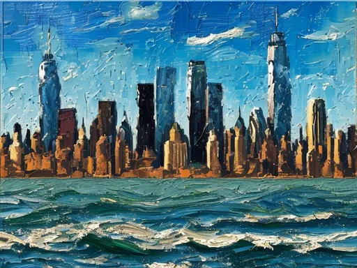 Prompt: Thick oil impasto York Skyline from 42nd Street Pier, thick oil impasto