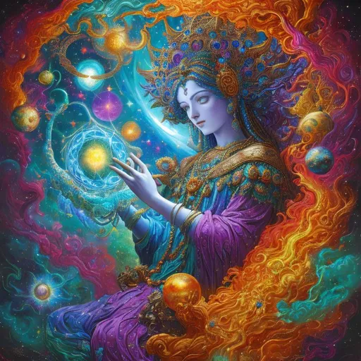 Prompt: Cosmic deity creating the universe, vibrant colours, majestic, beautiful, Maximalist oil on canvas painting, in the style of Paul Gustave Dore, 3D trending on Artstation CryEngine,