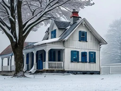 Prompt: An old house, white, blue blinders, roof covered with snow, tree, winter, fog, mystic lighing