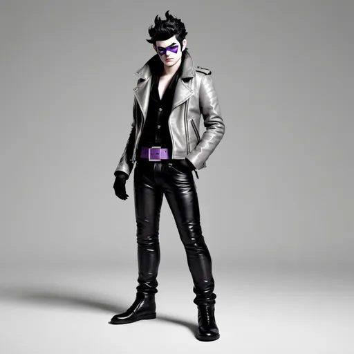 Prompt: Homestuck. Cronus Ampora. Fullbody view, plain background. Met gala, high quality render. High fashion. gray skin. Leather jacket, seadweller, greaser, purple belt