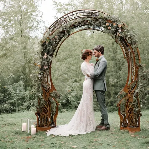 Prompt: a brilliantly detailed art nouveau style wedding arch with forest and ethereal elements
