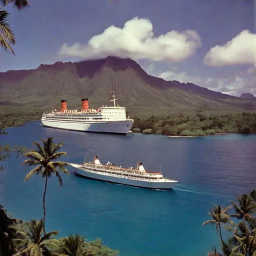 Prompt: Late 1950s, early 1960s Cruise Ship off the coast of a tropical, hawaii like island