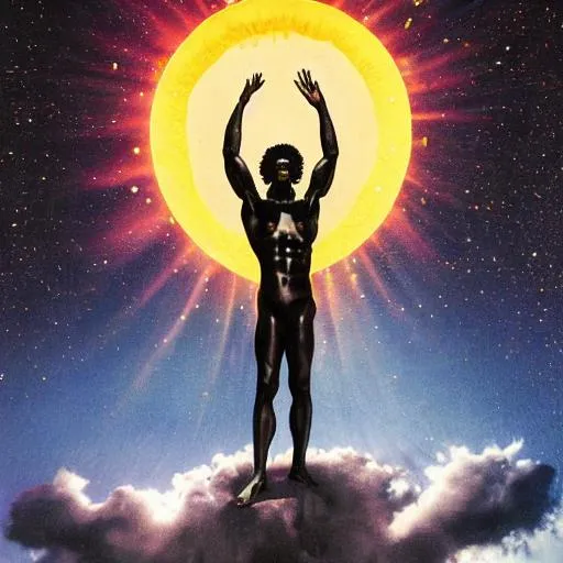 Prompt: black god descending from bright sky