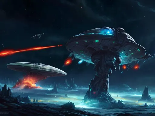 Prompt:  explosions  action wreck spaceship ancient dead infestation ray guns art cartoon many colours light Arora battle fire impact hull breach disaster ice planet nebula