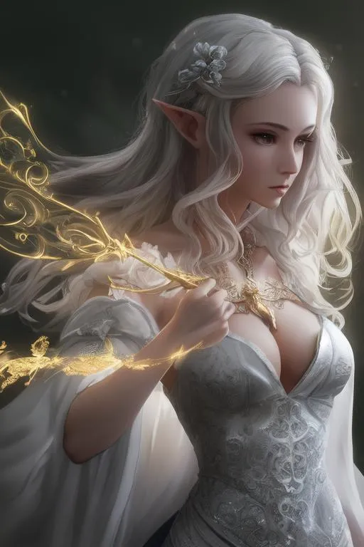 Prompt: Lunafreya Nox Fleuret, masterpiece,best quality,CG,wallpaper,HDR,high quality,high-definition,extremely detailed, perfect fingers, beautiful hands, cleavage, Elf, sharp chin, Wizard, A young and beautiful female elf holding a Dark spell, mage aura, wearing White mage robe, golden iris, short white long hair, beautiful detailed face features, digital painting by WLOPP, greg rutkowski, JunYoung shin, CL, kim sung hwan, symmetrical facial features, accurate anatomy, sharp focus, smooth, hyper-detailed, hyper-realistic, fashion, subtractive lighting, 16k, full body)